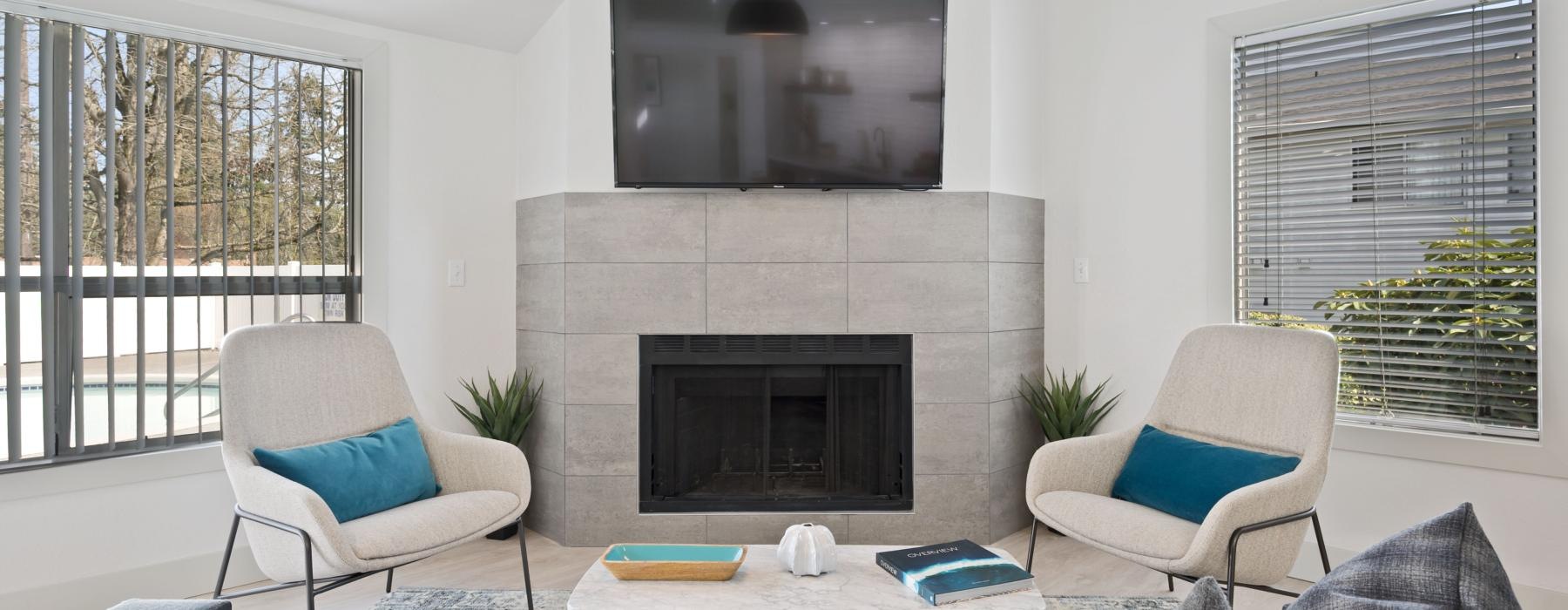 a living room with a fireplace