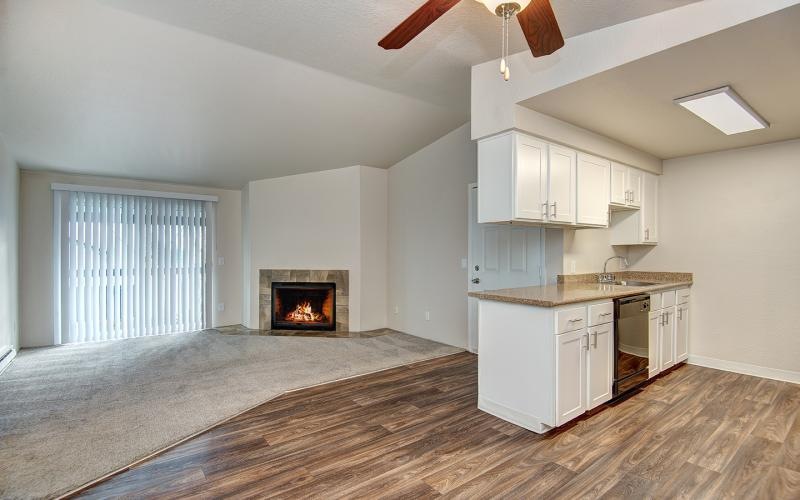 a kitchen with a fireplace